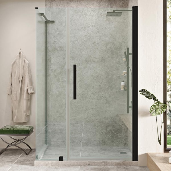 OVE Decors Pasadena 42-1/2 in. W x 72 in. H Rectangular Pivot Frameless Corner Shower Enclosure in Black with Shelves