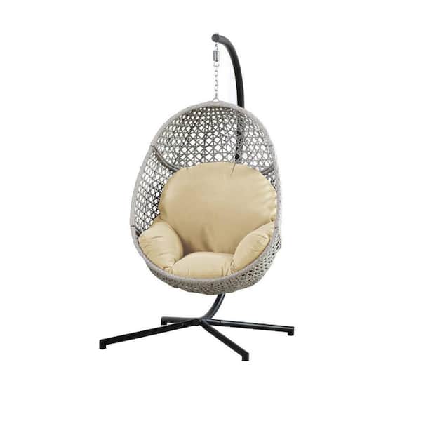Sudzendf Black Metal Patio Swing Egg Chair with C-Stand with Beige Cushion