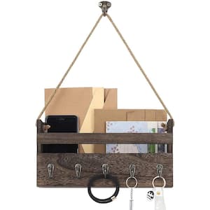 Brown Rustic Key Hangers and Mail Sorter, Wood Decorative Mail Shelf with 5-Hooks, Key Holder