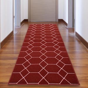 Hexagon Trellis Red Color 31 in. Width x Your Choice Length Custom Size Roll Runner Rug/Stair Runner