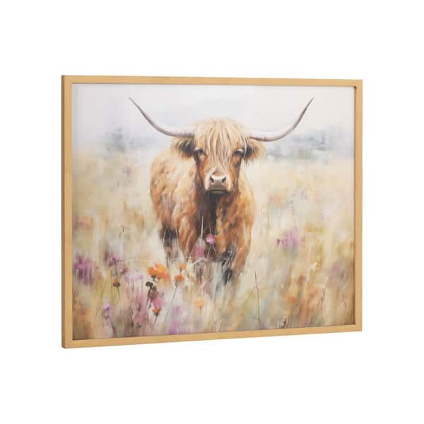 Kate and Laurel Gallery Highland Cow in a Flower Field Landscape by The Creative Bunch Studio Gold Framed Art Print 20 in. x 16 in.