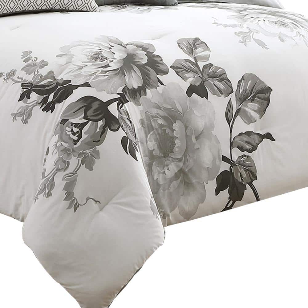 Gray and White Floral Cotton Queen Comforter Set