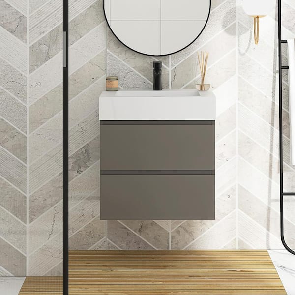JimsMaison 24 in. W x 18 in. D x 25 in. H Single Sink Wall-Mounted Bath Vanity in Grey with White Cultured Marble Top