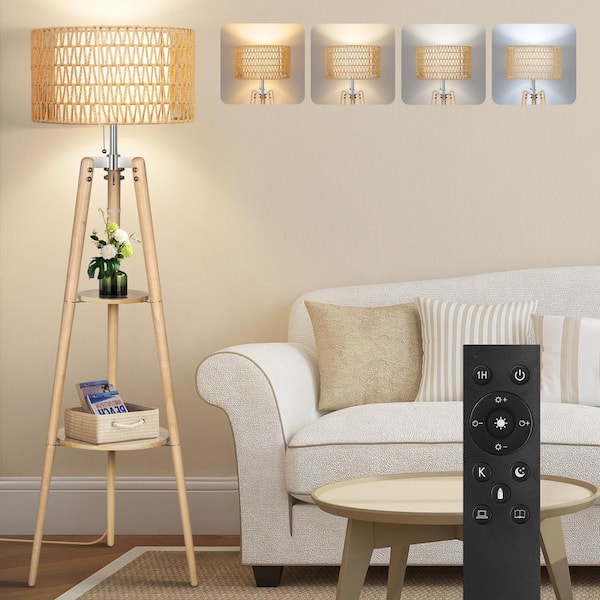 61 in. Indoor Natural Wood Color 1-Light LED Dimmable Tripod Floor Lamp with Rattan and Fabric Shades