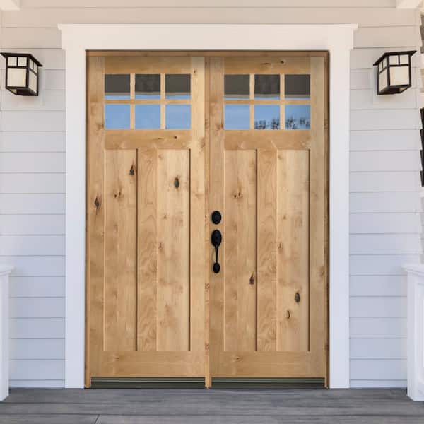Krosswood Doors 72 in. x 80 in. Craftsman Knotty Alder 9-Lite Clear Glass  Unfinished Wood Right Active Inswing Double Prehung Front Door