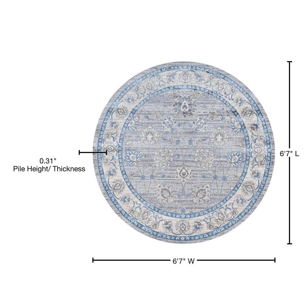Elegant Gray/Blue Floral Synthetic Round Rug, 6' Diameter
