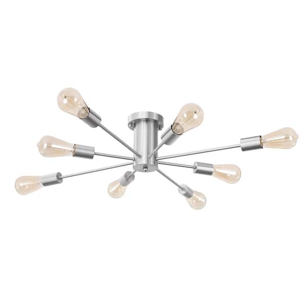 ZJVAIVE 30.07 in. 8-Light Nickel Sputnik Semi- Flush Mount For Living Room Foyer with No Bulbs Included