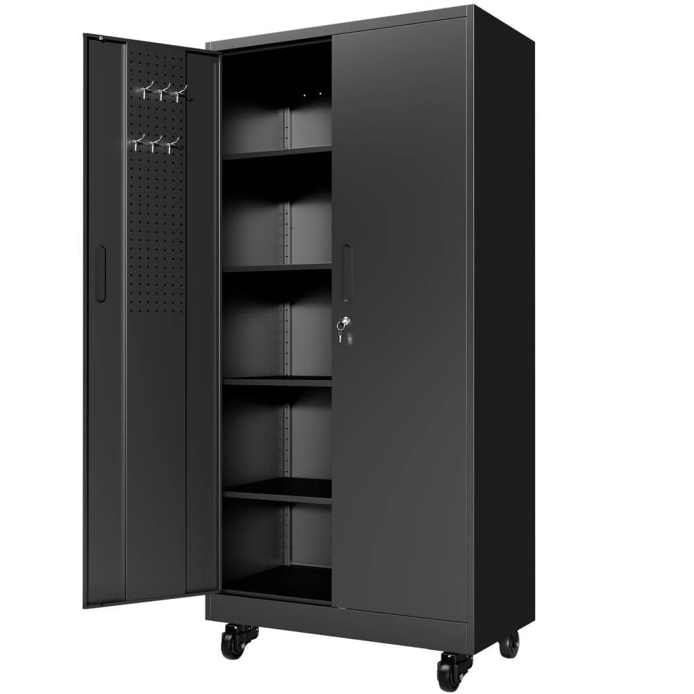 71 in. H Black Tall Steel Garage Storage Cabinet w/Doors Wheels 4