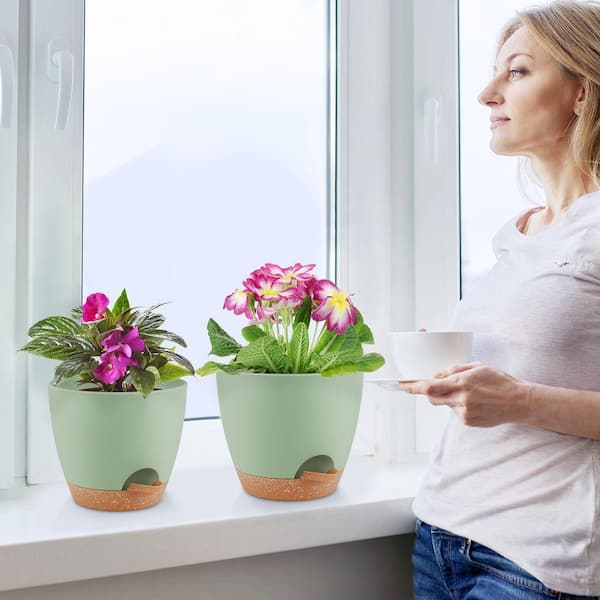 Primehome 8/7/6.5/6/5.5/5 Inch Self-Watering Plant Pots with Saucers, Set  of 6 Plastic Planters with Drainage in Green HD-VANK-PSVS-1 - The Home Depot