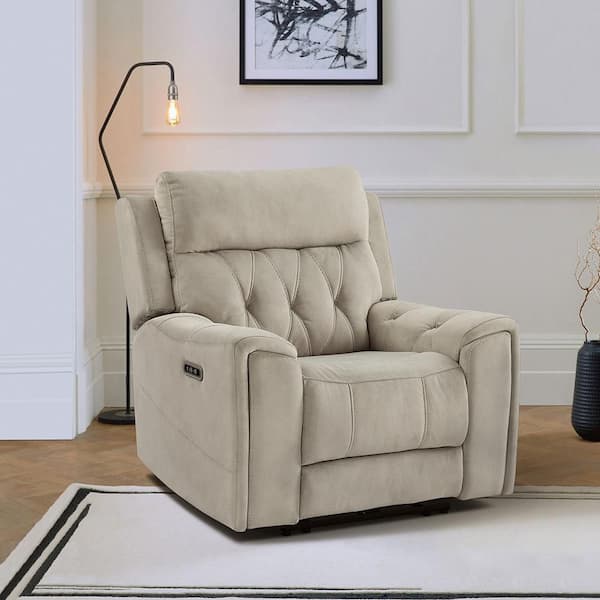 Korlan Taupe Microfiber Power Recliner with Power Headrest, Hidden Arms Cup Holders and Charging Ports