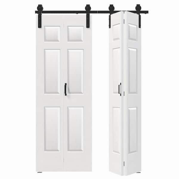 60 in. x 84 in. （Double 30 in. W Doors） White Finished, MDF, 6 Panel Bi-Fold Style Sliding Barn Door with Hardware Kit