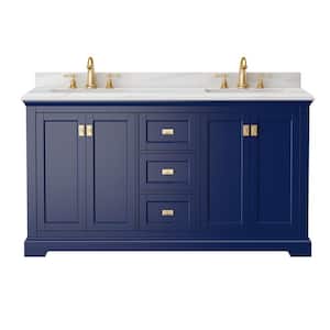 60.6 in. W x 22.4 in. D x 34 in. H Double Sink Solid Wood Bath Vanity in Navy Blue with White Marble Top
