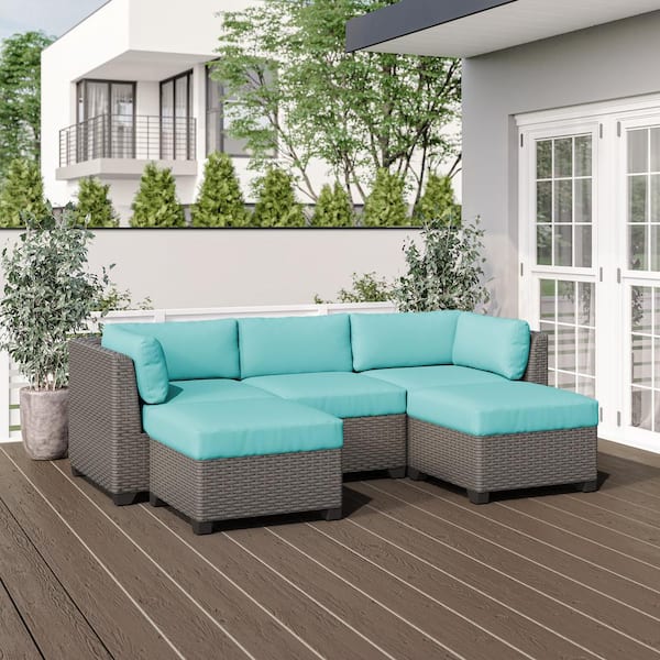 TK CLASSICS Florence 5-Piece Outdoor Wicker Patio Conversation Furniture Set with Aruba Cushion
