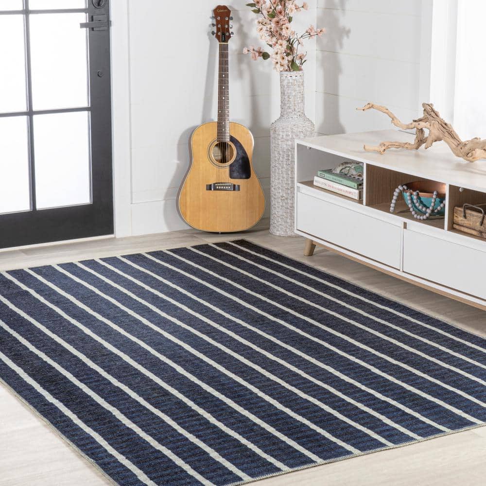 Ivory and Navy Striped 8' x 10' Machine-Washable Rug