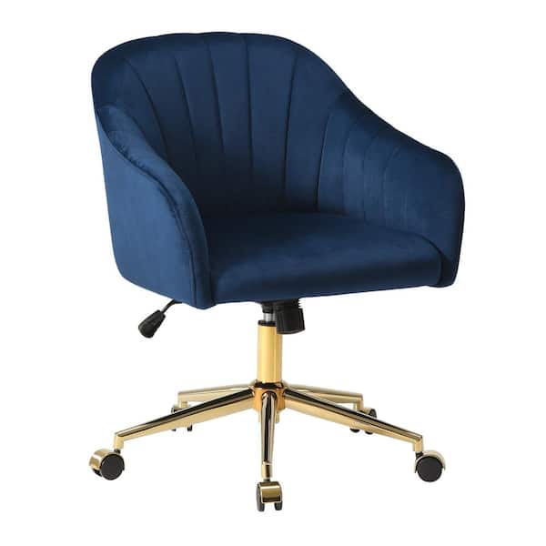 Farrah Velvet Upholstered Adjustable Height 360° Swivel Office Task Chair with Metallic Gold Base in Navy Blue
