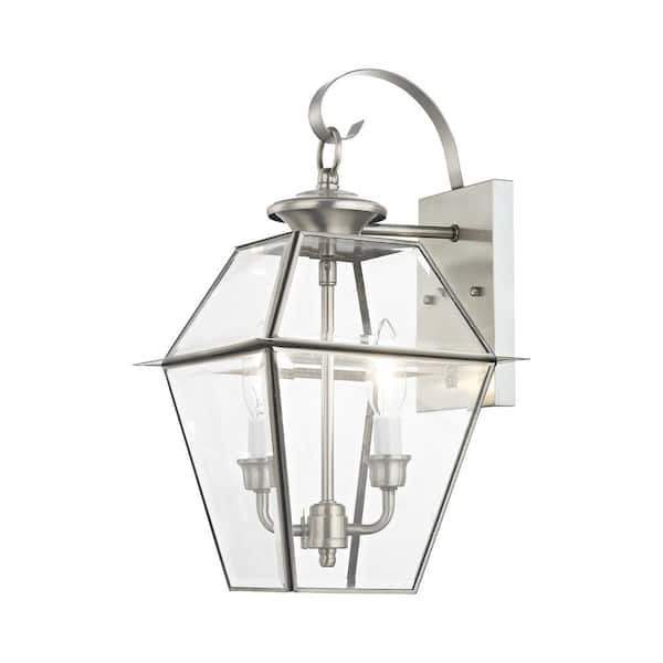 AVIANCE LIGHTING Ainsworth 16.5 in. 2-Light Brushed Nickel Outdoor Hardwired Wall Lantern Sconce with No Bulbs Included