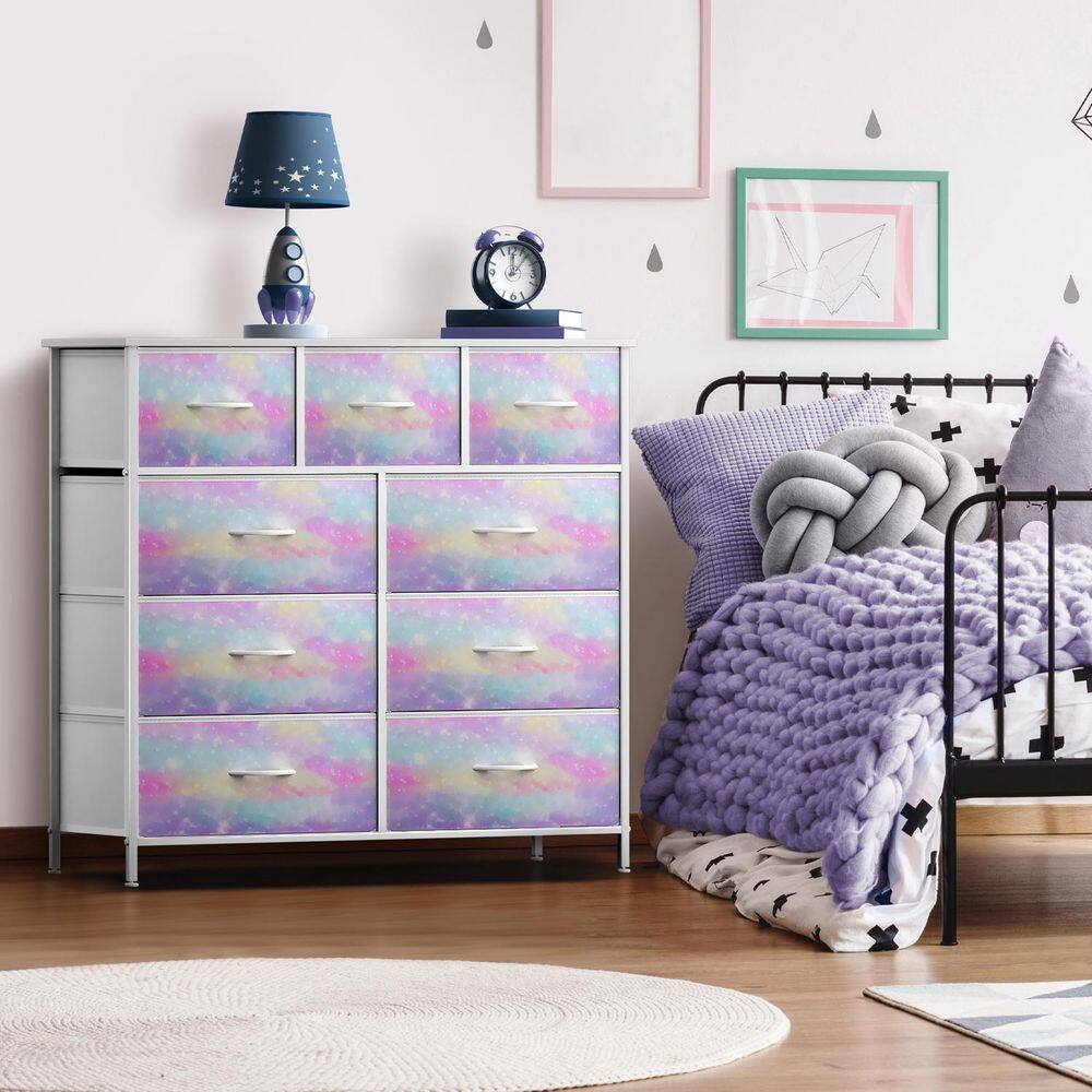 Dresser with Steel Frame, Wood Top, and Easy Pull Fabric Bins Multicolored 