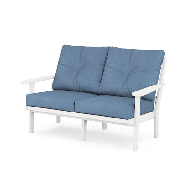 POLYWOOD Mission Deep Seating Plastic Outdoor Loveseat with in White/Sky Blue Cushions
