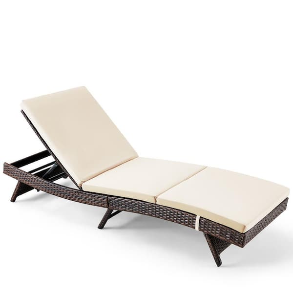 Miscool Foldable Wicker Rattan Patio Chaise Lounge Chair with 5 Back Positions Beige Cushion (1-Pack)