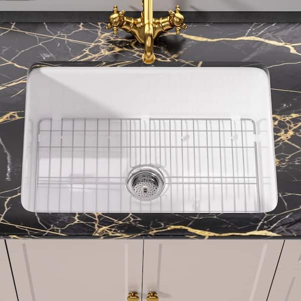 27 in. Kitchen Sink Undermount White Kitchen Sink Single Bowl Fireclay Kitchen Sinks with Bottom Grid and Sink Strainer