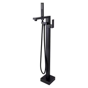 Single-Handle Solid Brass Floor Mount Free Standing Bathroom Tub Filler Faucet with Handheld Shower in Matte Black