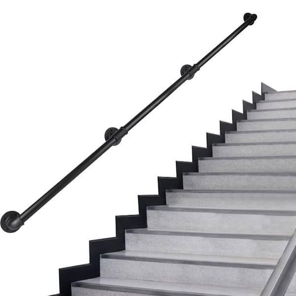 12 ft. Metal Staircase Handrail, Black Galvanized Industrial Iron Hand Rail for Indoor and Outdoor Wall Mount Support