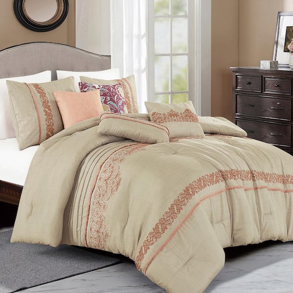 Shatex 7 Piece All Season Bedding Queen size Comforter Set, Ultra Soft Polyester Elegant Bedding Comforters Brown