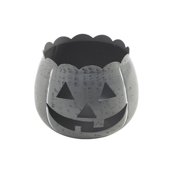 VHC BRANDS 6.25 in. Antique Grey Jack-O-Lantern Halloween Candle Holder