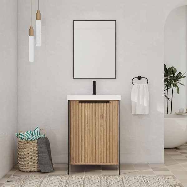 24 in. Freestanding Single Beige Bath Vanity with White Resin Top Unassembled