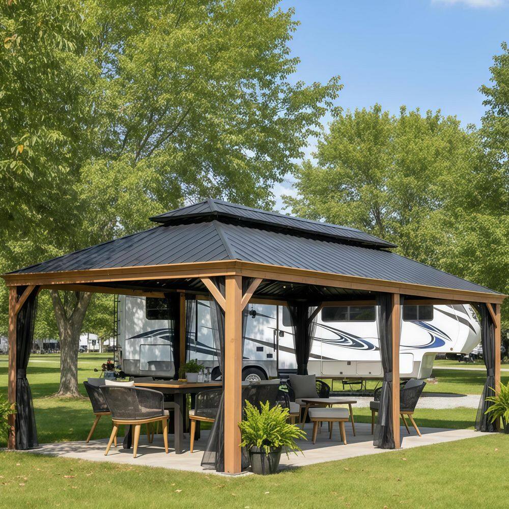 12 ft. x 20 ft.Wood Grain Aluminum Power-Coated Frame Galvanized Steel Double Roof Hardtop Gazebo,Hooks,Upgrade Netting price history on PriceWatchPro