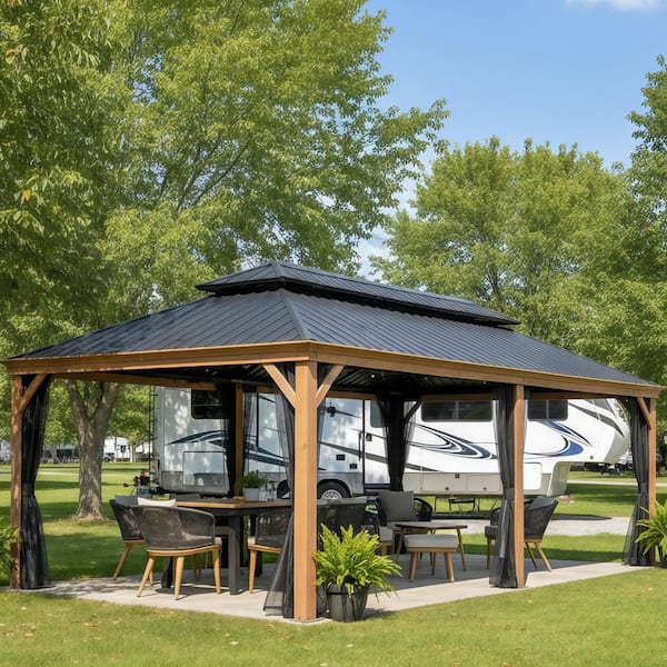 12 ft. x 20 ft.Wood Grain Aluminum Power-Coated Frame Galvanized Steel Double Roof Hardtop Gazebo,Hooks,Upgrade Netting