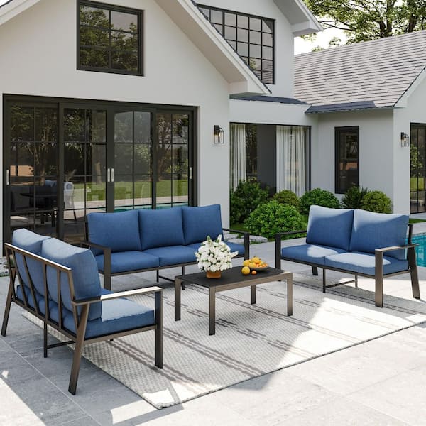Poteban Gray Aluminum Frame 4-Piece 7-Person Outdoor Conversation Set with Navy Blue Cushions