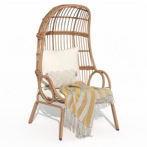 Yellow Wicker Patio Outdoor Indoor Basket Narrow Cocoon Egg Chair with Beige Cushion For Patio, Balcony, Bedroom