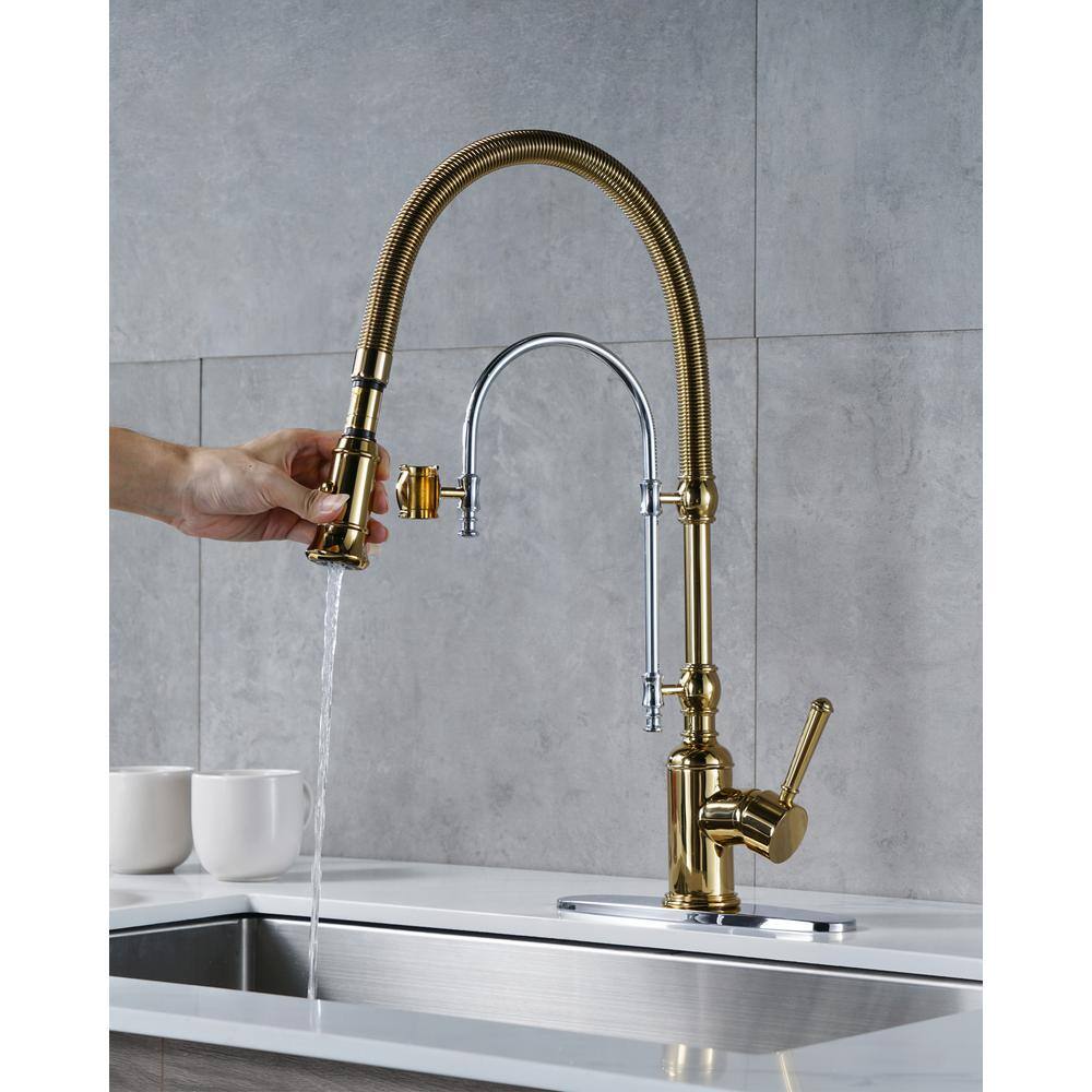 Gold and Chrome High-Arc Kitchen Faucet with Pull-Out Spray