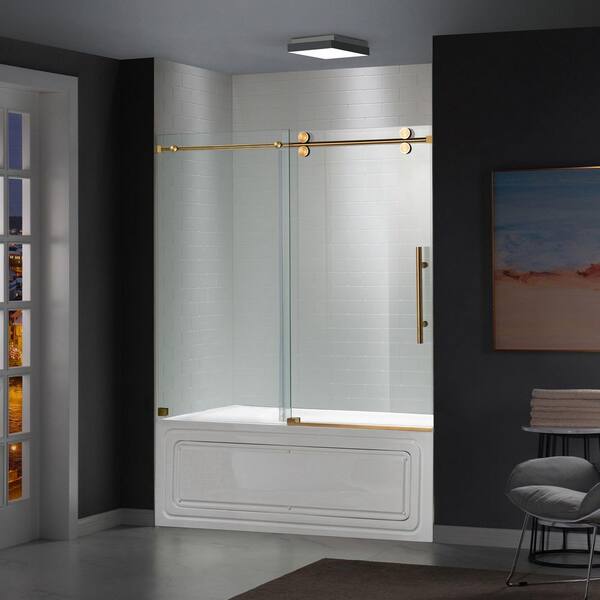 WOODBRIDGE 60 in. W x 66 in. H Sliding Frameless Tub Door in Brushed Gold with 5/16 in. (8mm) Clear Glass