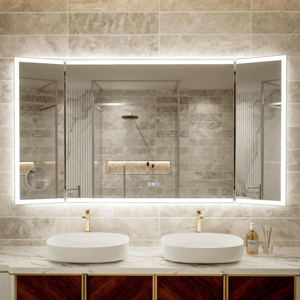 66 in. W x 36 in. H Tri-Fold Rectangular Framed Wall Mount LED Bathroom Vanity Mirror with 10X Magnification Mirror