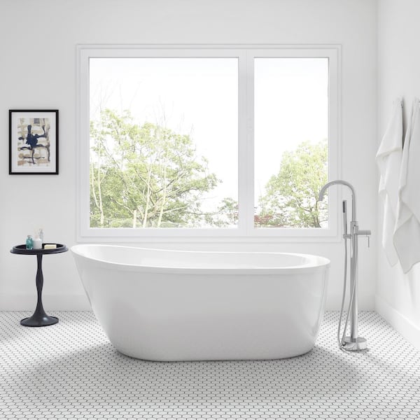 Glacier Bay Cantora 60 in. Acrylic Flatbottom Non-Whirlpool Bathtub in White and Faucet Combo in Chrome