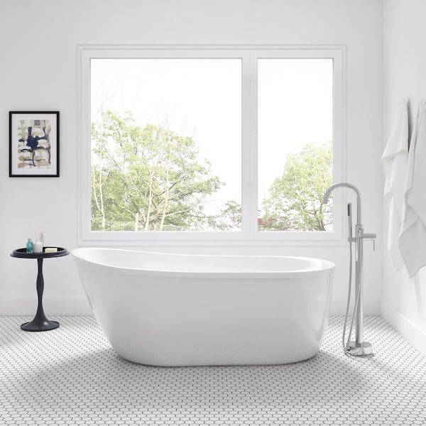 Glacier Bay Cantora 60 in. Freestanding Flatbottom Single-Slipper Soaking Bathtub in White Including Chrome Freestanding Faucet