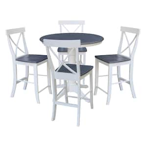 Set of 5-pcs - White/Heather Gray 36 in. Solid Wood Counter-Height Pedestal Table and 4 Stools