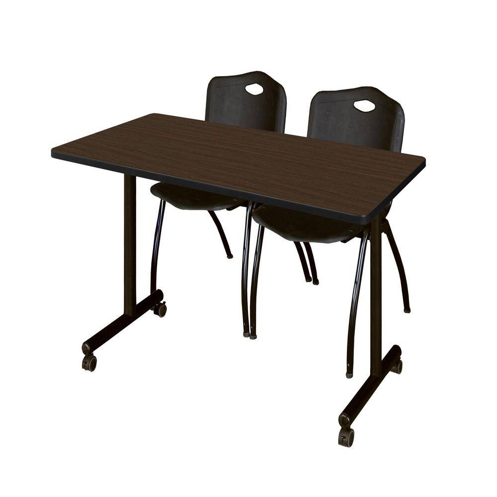 Kobe 48 in x 24 in. Neo Walnut Mobile T-Base Training Table Desk, 2 M Stack Chairs-Black