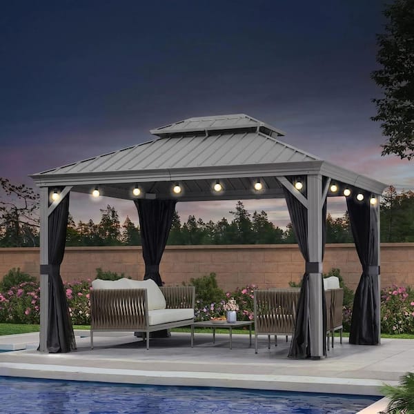 10 ft.x 12 ft.Light Gray Luxury Patio Outdoor Gazebo for Backyard Hardtop Aluminum Frame,Hooks,Curtain,Netting 24-Lights