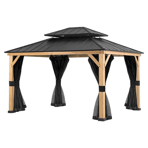 Cedar Wood 13 ft. x 11 ft. Outdoor Patio Hardtop Gazebo with Double Galvanized Steel Roof and Mosquito Netting