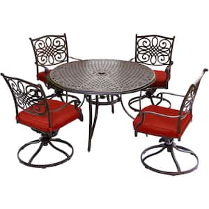 Seasons 5-Piece Metal Outdoor Dining Set with Four Swivel Rockers in Red with Cushions Cast-top Table