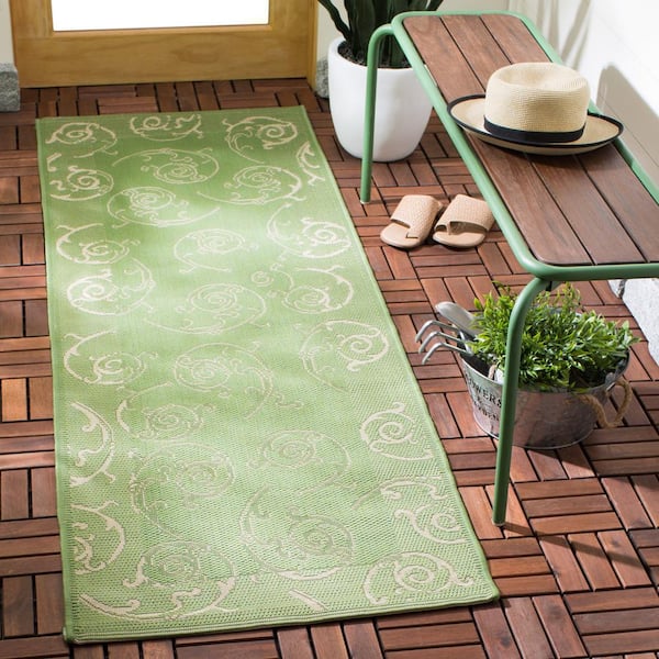 Courtyard Olive/Natural 2 ft. x 12 ft. Border Indoor/Outdoor Patio  Runner Rug