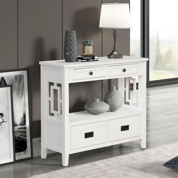 36 in. White Rectangle Wood Console Table Sofa Side Table Cabinet with Drawer and Shelf for Entryway Kitchen Living Room