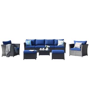 Rimaru 9-Piece Wicker Outdoor Patio Conversation Seating Set With Navy Blue Cushions