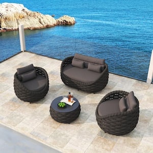 Black 4-Piece Aluminum Outdoor Patio Conversation Sets with Dark Gray Seat Cushions and back Cushions