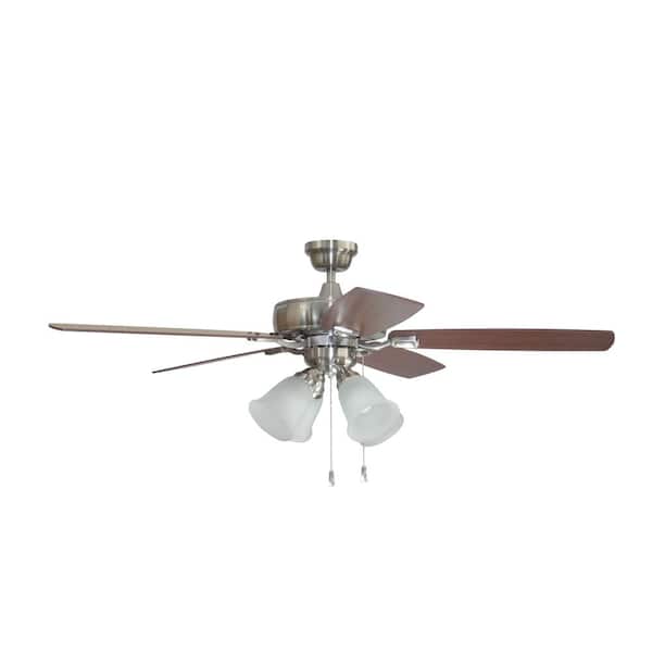 CRAFTMADE Twist N Click 52 in. Indoor Brushed Polished Nickel Dual Mount Finish Ceiling Fan with 4-Light Frosted Glass Light Kit
