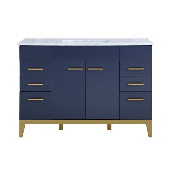 BATHLYN Enigma 48 in. W x 22 in. D x 34.25 in. H Single Freestanding Bath Vanity in Blue with White Carrara Marble Top