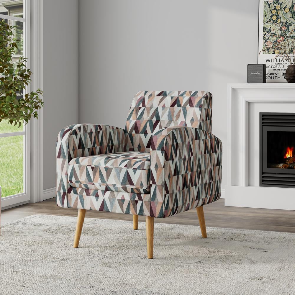 Mid-Century Modern Red and Tan Geometric Fabric Barrel Accent Chair